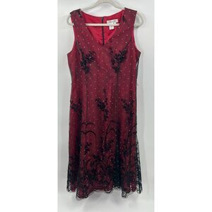 Coldwater Creek Dress Red Burnout Velvet Beaded Mesh Panel Hem Whimsigoth Sz 14
